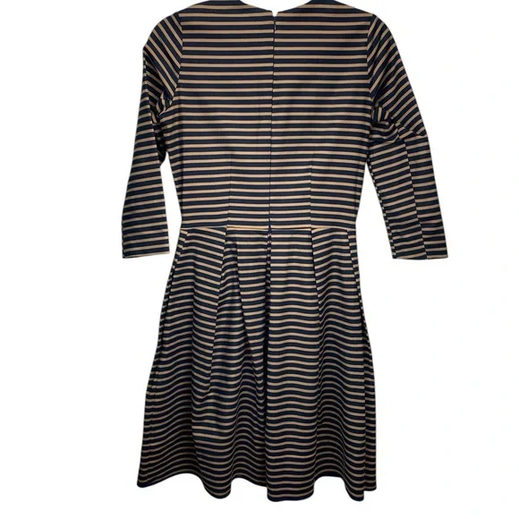 GAP Dress Women 0 Tan Black 3/4 Sleeves Zip Party Holiday Pockets Preppy Striped - Picture 4 of 15